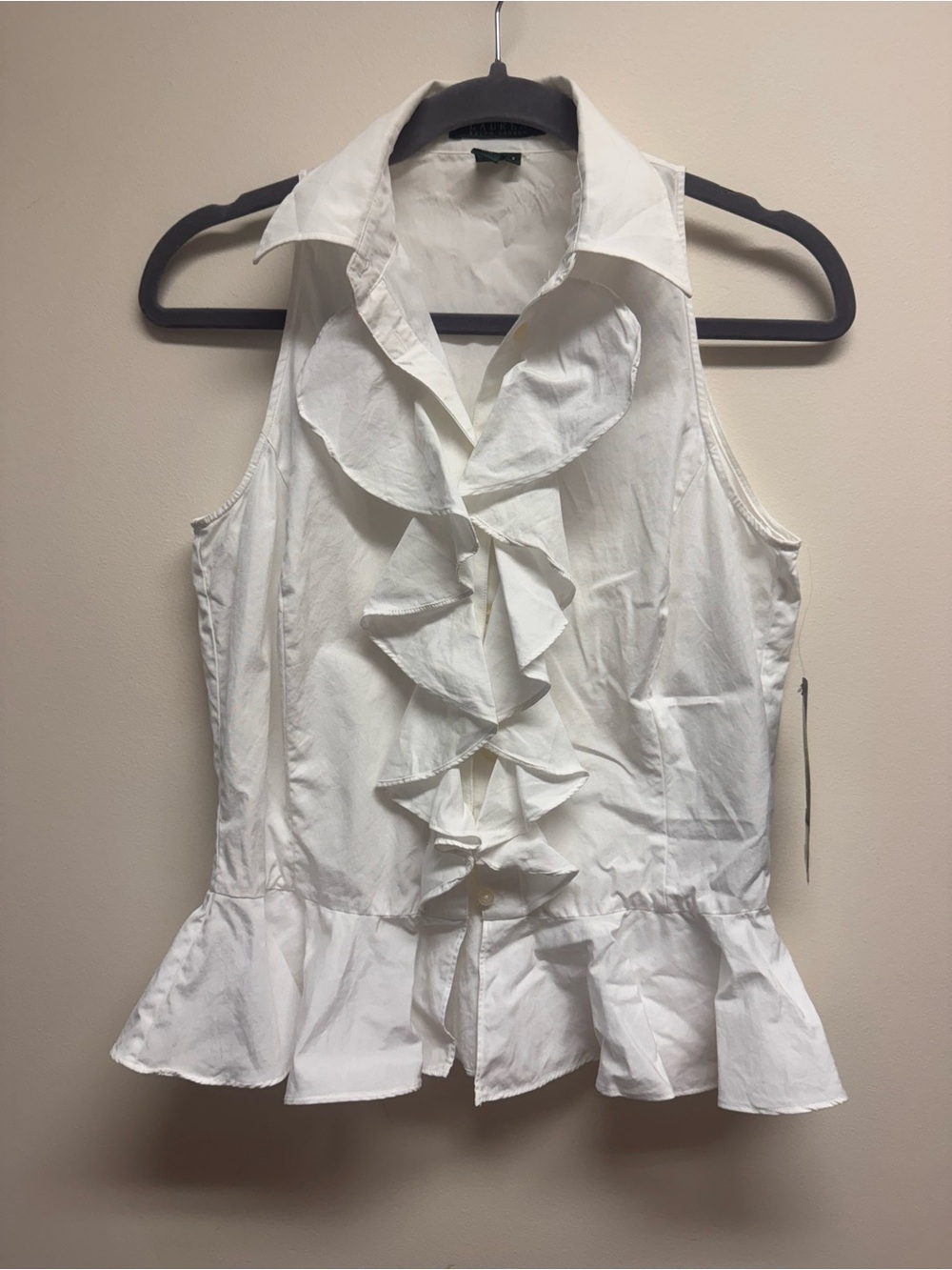 Ralph Lauren 100% Cotton White Sleeveless Ruffle Front Blouse NWT Size 4